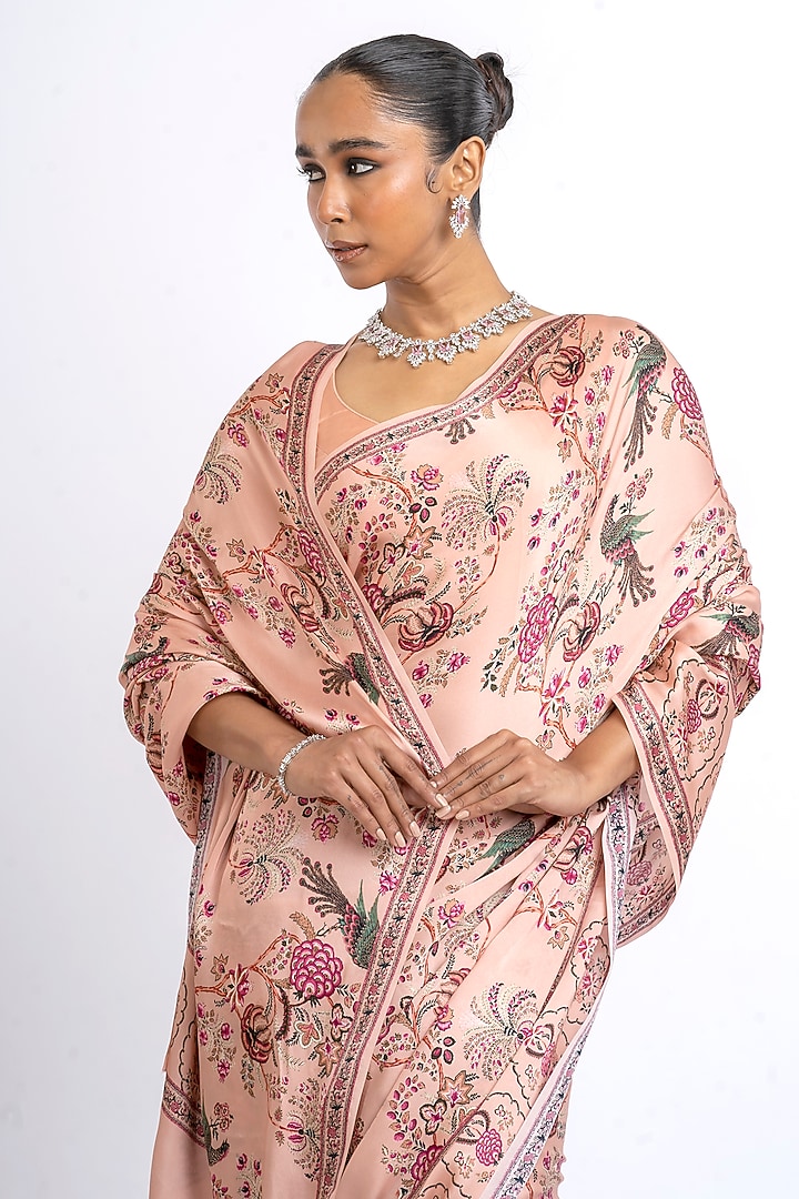 Dusty Rose Pure Satin Silk Peacock Chintz Printed Party Wear Saree  by Studio 113 at Pernia's Pop Up Shop