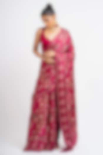 Red Pure Satin Silk Peacock Chintz Printed Party Wear Saree by Studio 113 at Pernia's Pop Up Shop