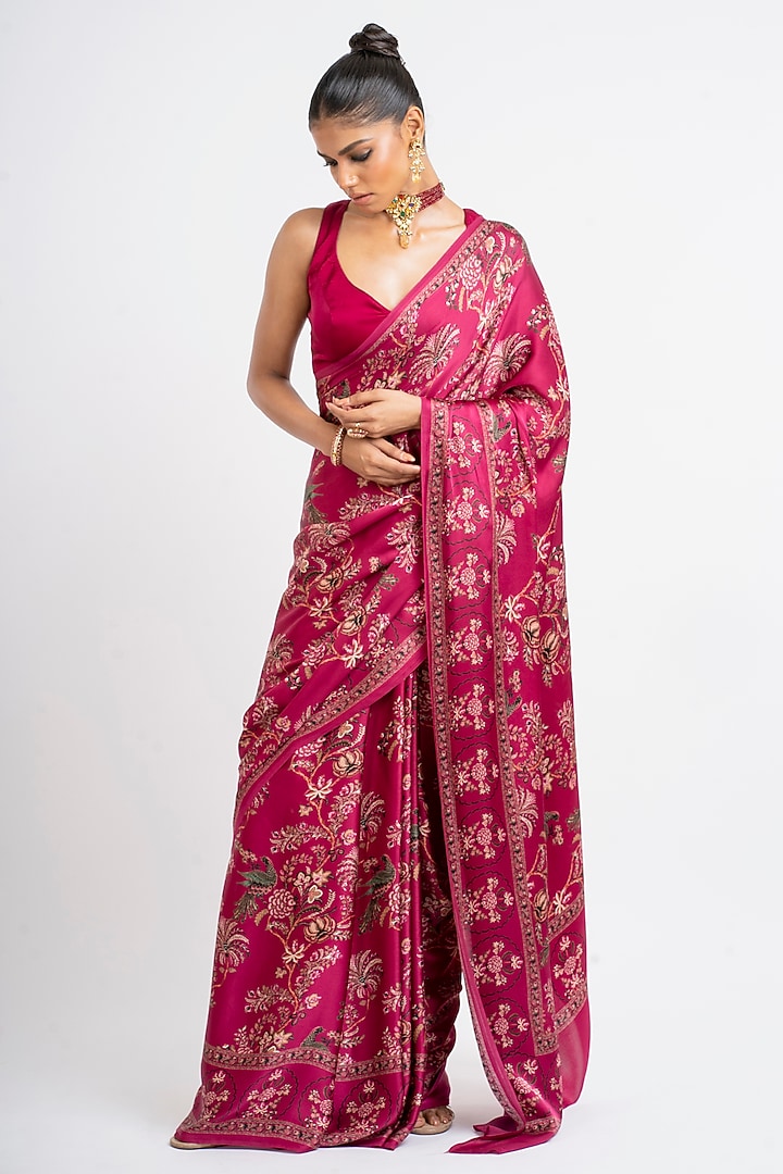 Red Pure Satin Silk Peacock Chintz Printed Party Wear Saree by Studio 113 at Pernia's Pop Up Shop