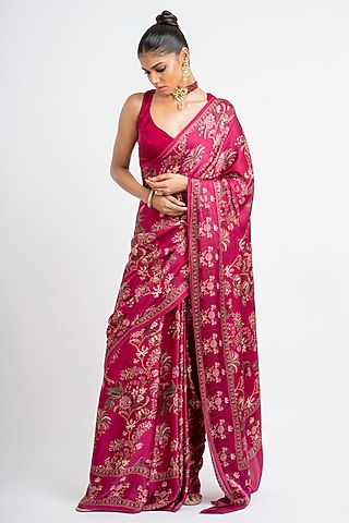 Red Pure Satin Silk Peacock Chintz Printed Saree  by Studio 113