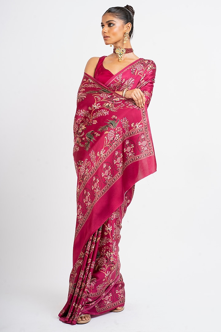 Red Pure Satin Silk Peacock Chintz Printed Party Wear Saree by Studio 113 at Pernia's Pop Up Shop