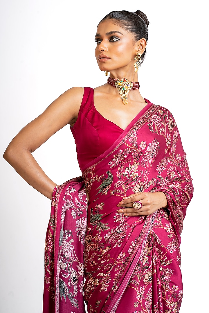 Red Pure Satin Silk Peacock Chintz Printed Party Wear Saree by Studio 113 at Pernia's Pop Up Shop
