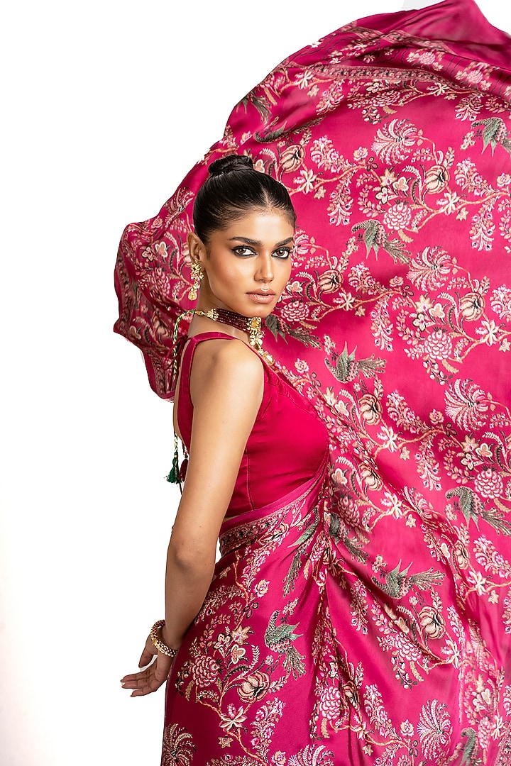 Red Pure Satin Silk Peacock Chintz Printed Party Wear Saree by Studio 113 at Pernia's Pop Up Shop
