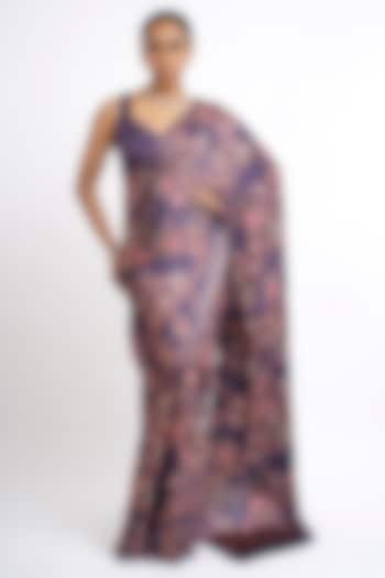 Purple Pure Satin Silk Peacock Chintz Printed Party Wear Saree by Studio 113 at Pernia's Pop Up Shop