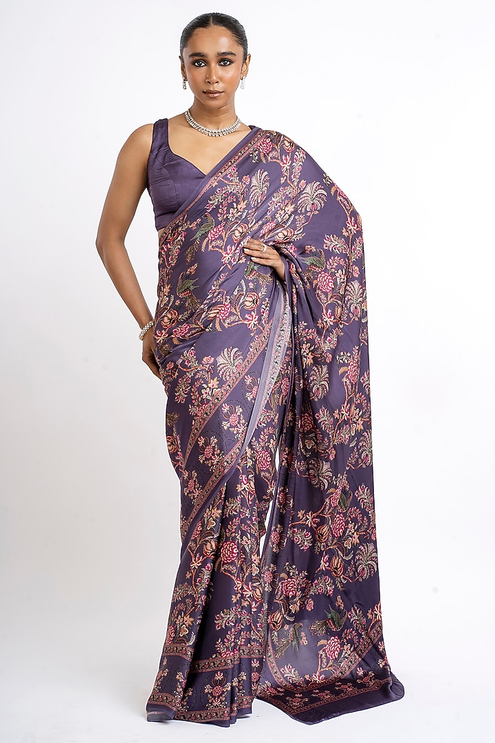 Purple Pure Satin Silk Peacock Chintz Printed Party Wear Saree by Studio 113 at Pernia's Pop Up Shop