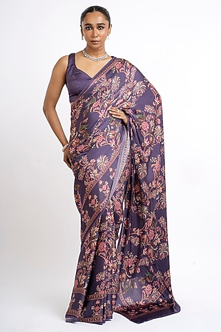 Purple Pure Satin Silk Peacock Chintz Printed Saree  by Studio 113