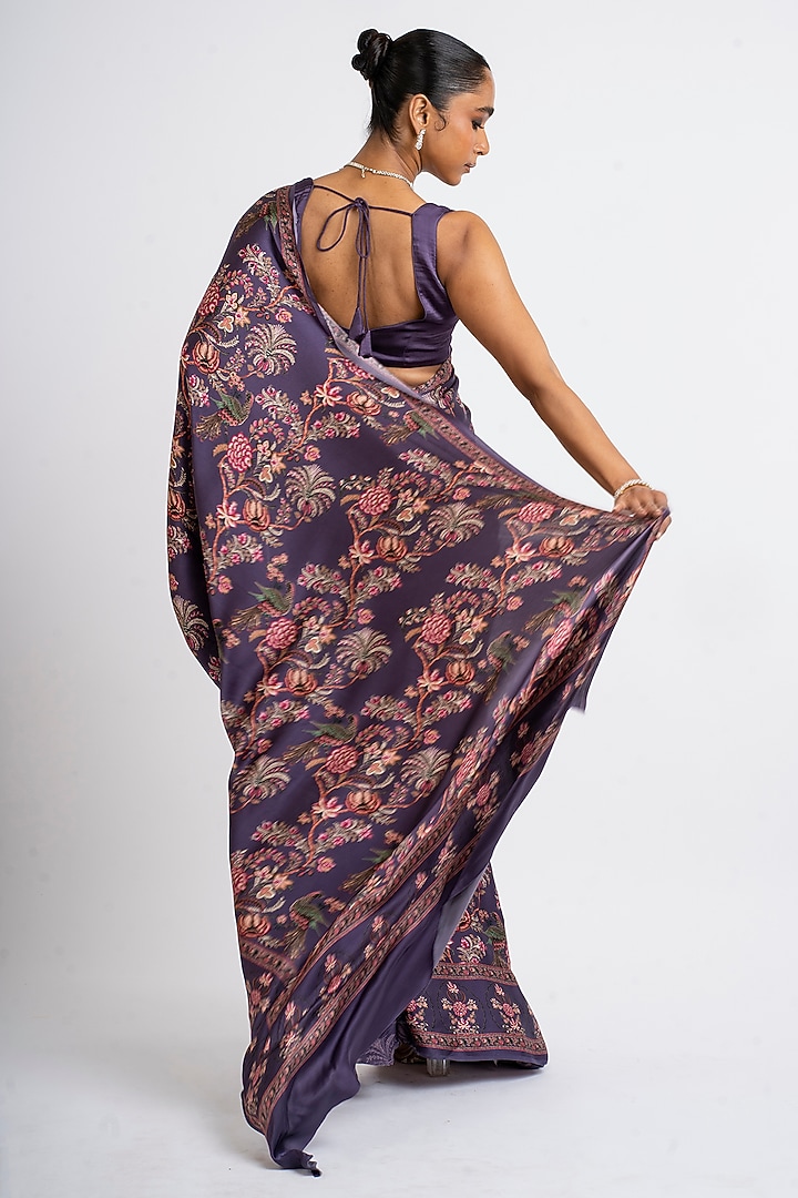 Purple Pure Satin Silk Peacock Chintz Printed Party Wear Saree  by Studio 113 at Pernia's Pop Up Shop