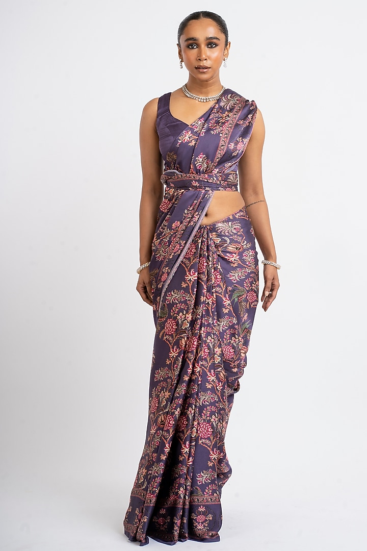 Purple Pure Satin Silk Peacock Chintz Printed Party Wear Saree  by Studio 113 at Pernia's Pop Up Shop