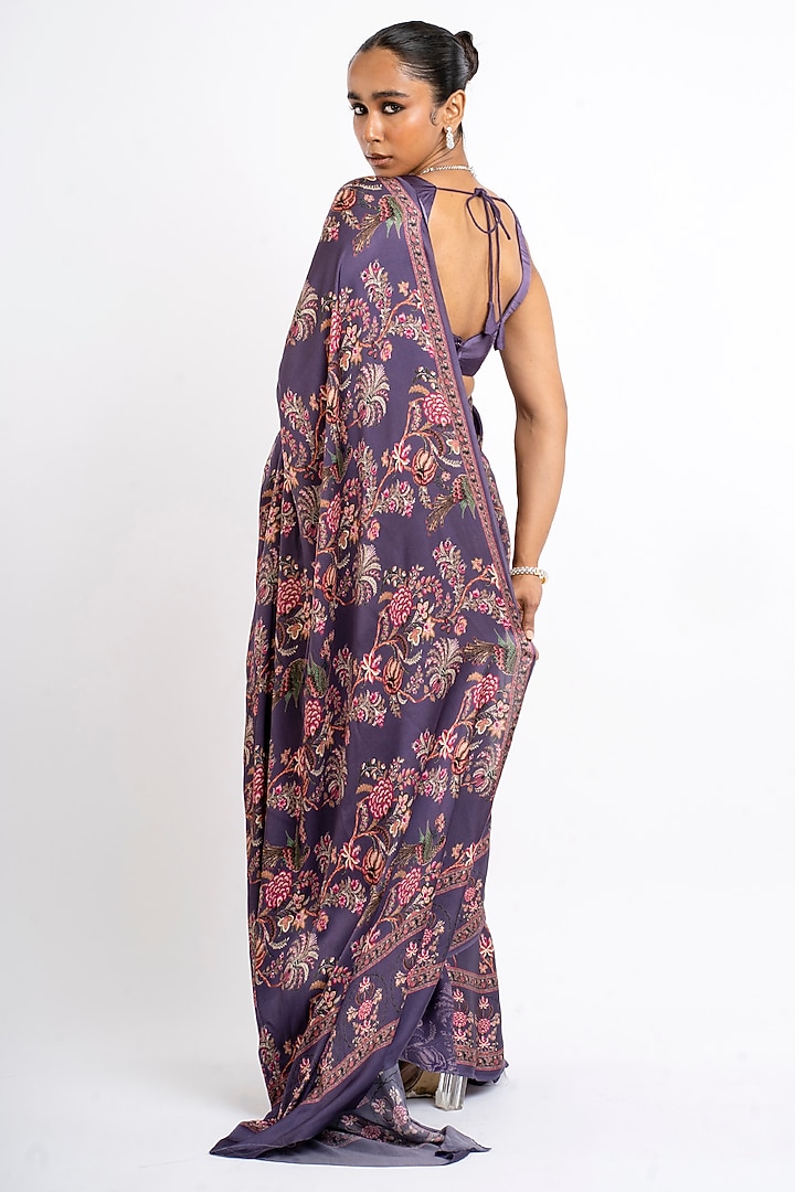 Purple Pure Satin Silk Peacock Chintz Printed Party Wear Saree  by Studio 113 at Pernia's Pop Up Shop