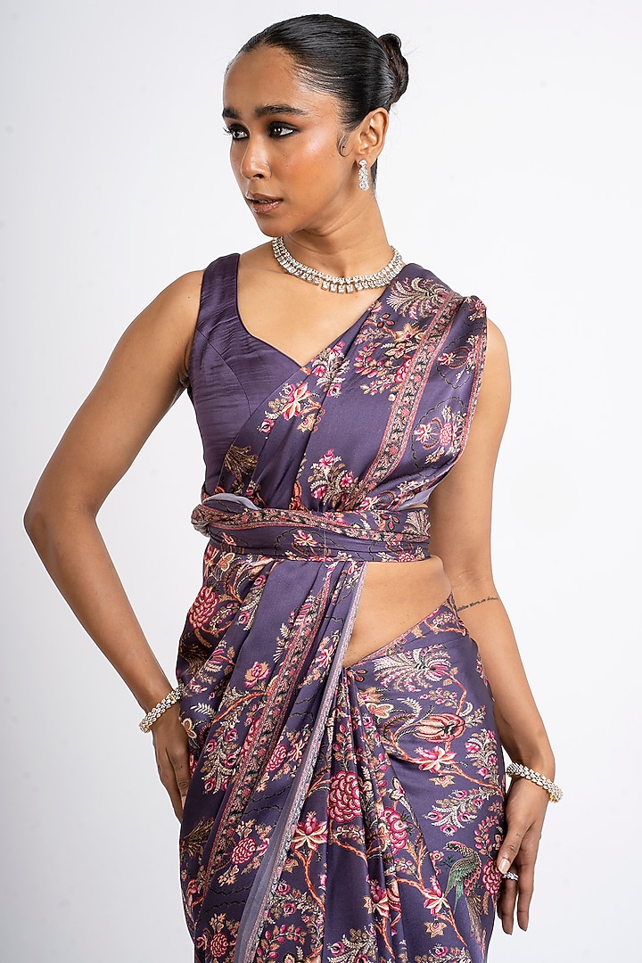 Purple Pure Satin Silk Peacock Chintz Printed Party Wear Saree  by Studio 113 at Pernia's Pop Up Shop