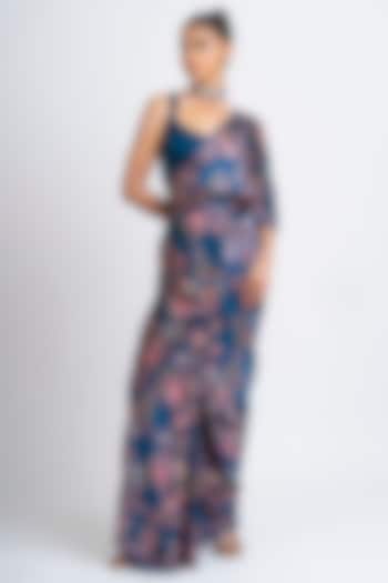 Prussian Blue Pure Satin Silk Peacock Chintz Printed Party Wear Saree by Studio 113 at Pernia's Pop Up Shop