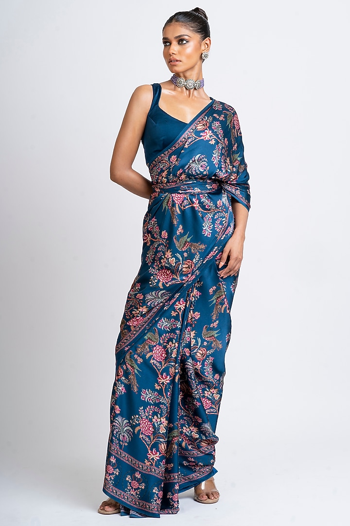 Prussian Blue Pure Satin Silk Peacock Chintz Printed Party Wear Saree by Studio 113 at Pernia's Pop Up Shop
