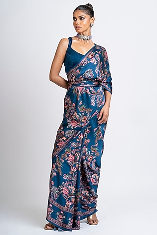 Prussian Blue Pure Satin Silk Peacock Chintz Printed Saree  by Studio 113