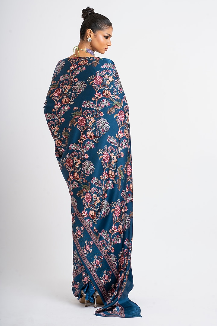 Prussian Blue Pure Satin Silk Peacock Chintz Printed Party Wear Saree by Studio 113 at Pernia's Pop Up Shop