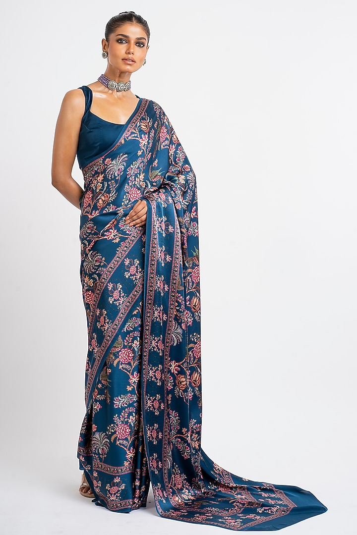 Prussian Blue Pure Satin Silk Peacock Chintz Printed Party Wear Saree by Studio 113 at Pernia's Pop Up Shop