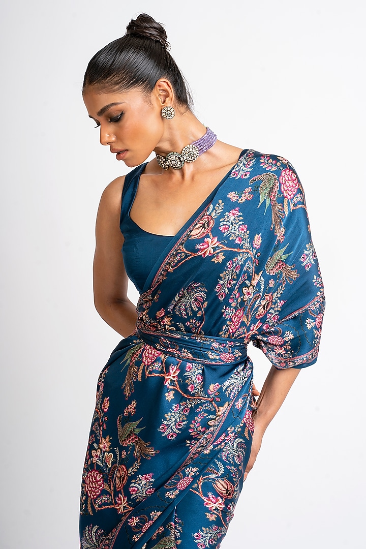 Prussian Blue Pure Satin Silk Peacock Chintz Printed Party Wear Saree by Studio 113 at Pernia's Pop Up Shop