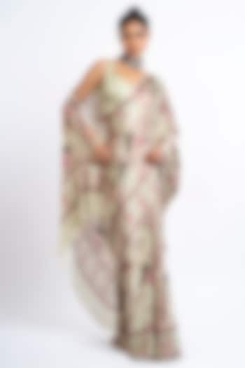 Mist Green Pure Satin Silk Peacock Chintz Printed Party Wear Saree by Studio 113 at Pernia's Pop Up Shop