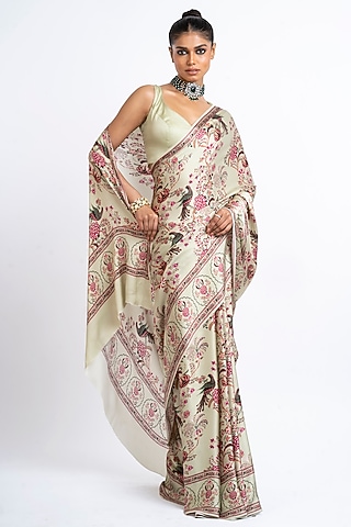 Mist Green Pure Satin Silk Peacock Chintz Printed Saree  by Studio 113