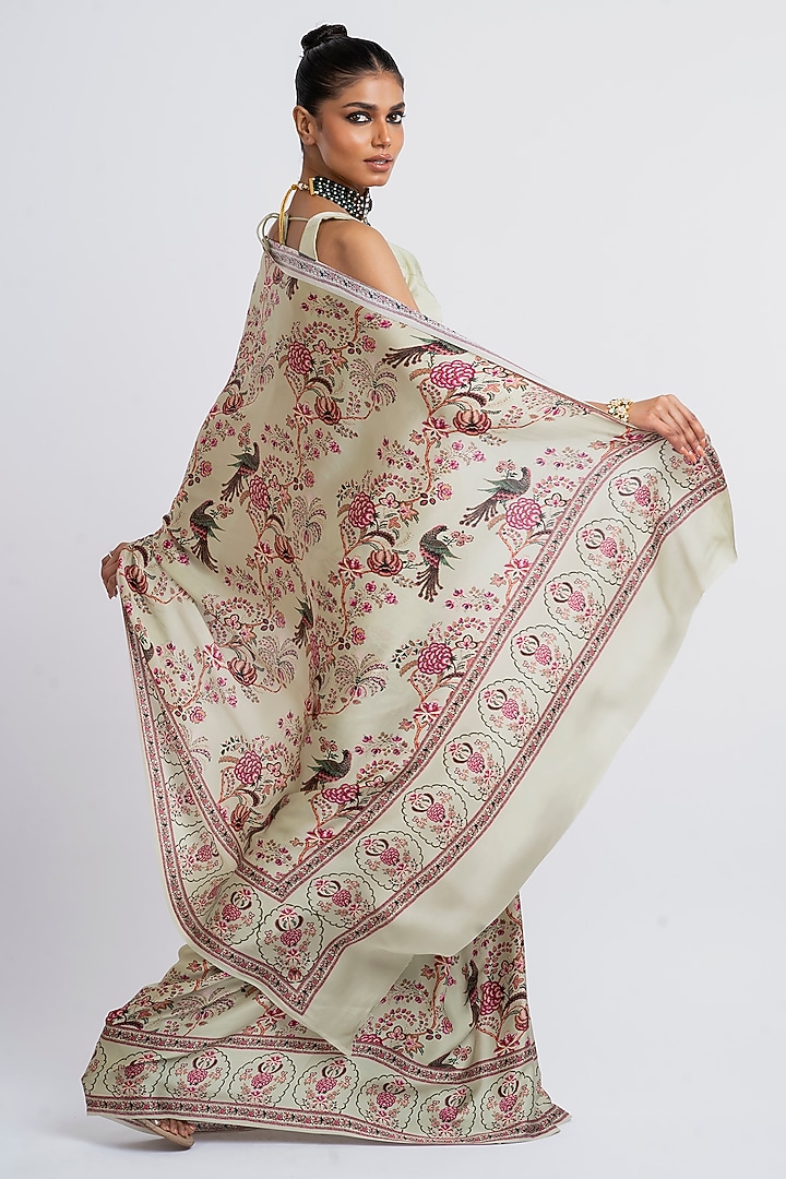 Mist Green Pure Satin Silk Peacock Chintz Printed Party Wear Saree  by Studio 113 at Pernia's Pop Up Shop