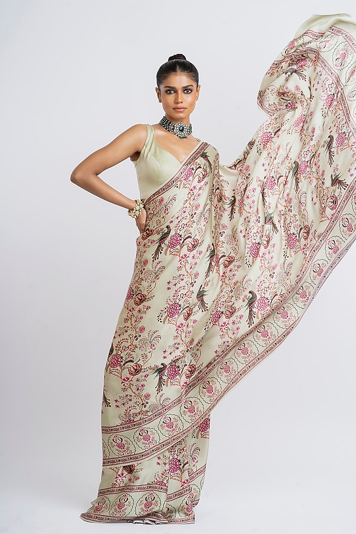 Mist Green Pure Satin Silk Peacock Chintz Printed Party Wear Saree  by Studio 113 at Pernia's Pop Up Shop
