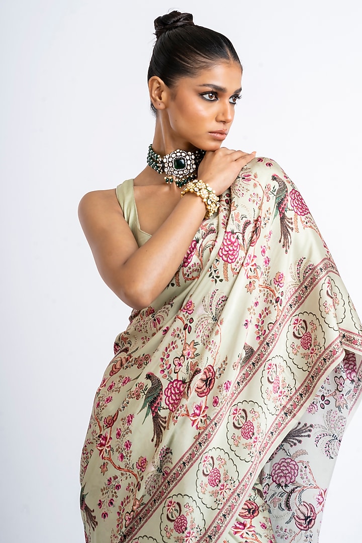 Mist Green Pure Satin Silk Peacock Chintz Printed Party Wear Saree  by Studio 113 at Pernia's Pop Up Shop