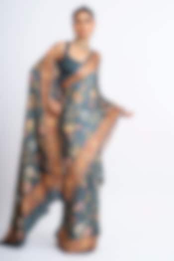 Charcoal Grey Pure Satin Silk Digital Chintz Printed Party Wear Saree by Studio 113 at Pernia's Pop Up Shop