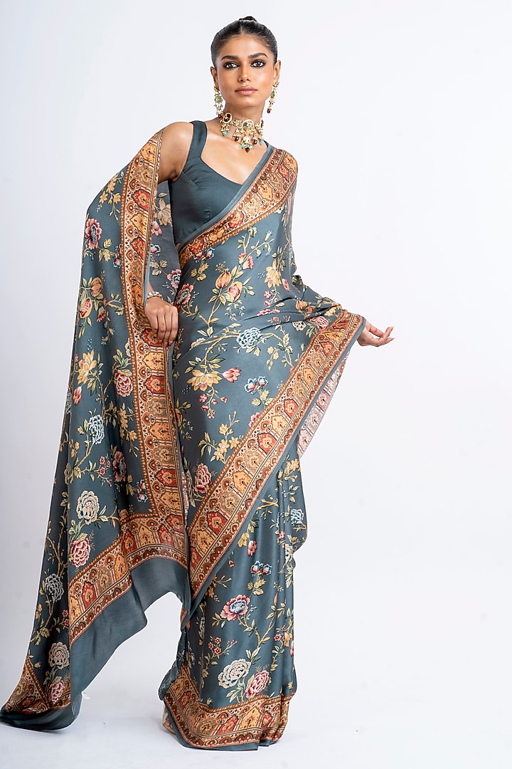 Charcoal Grey Pure Satin Silk Digital Chintz Printed Party Wear Saree by Studio 113 at Pernia's Pop Up Shop