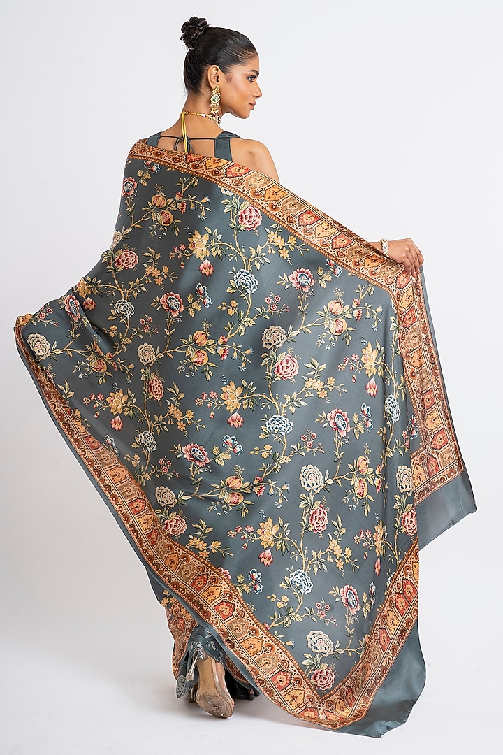 Charcoal Grey Pure Satin Silk Digital Chintz Printed Party Wear Saree by Studio 113 at Pernia's Pop Up Shop
