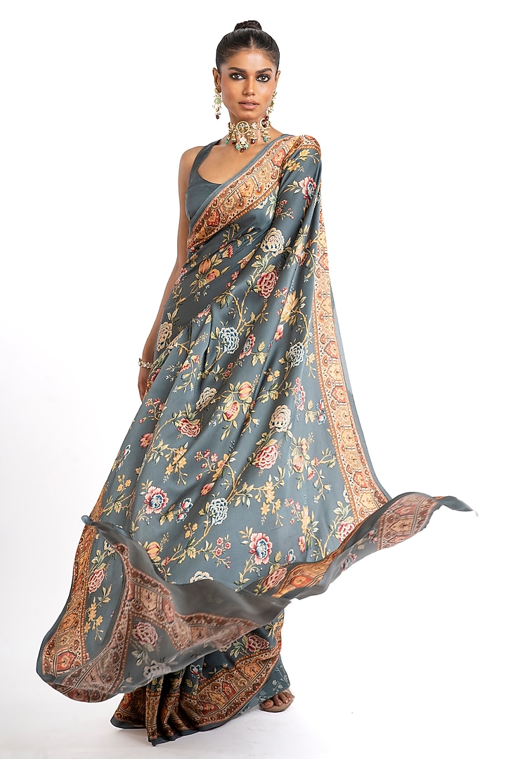 Charcoal Grey Pure Satin Silk Digital Chintz Printed Party Wear Saree by Studio 113 at Pernia's Pop Up Shop