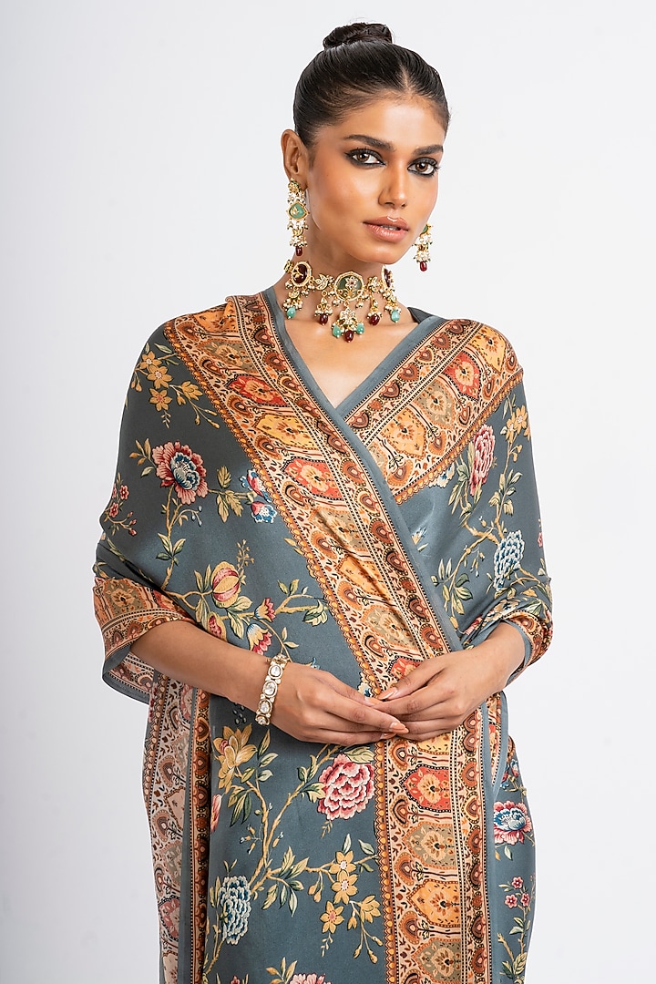Charcoal Grey Pure Satin Silk Digital Chintz Printed Party Wear Saree by Studio 113 at Pernia's Pop Up Shop