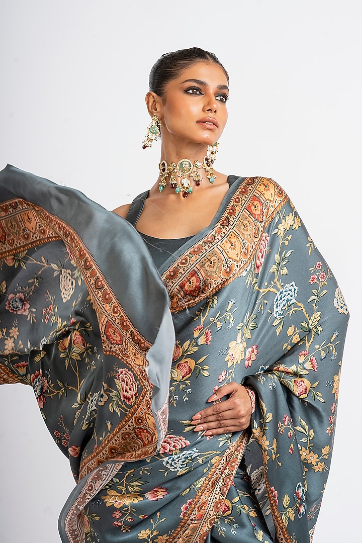 Charcoal Grey Pure Satin Silk Digital Chintz Printed Party Wear Saree by Studio 113 at Pernia's Pop Up Shop