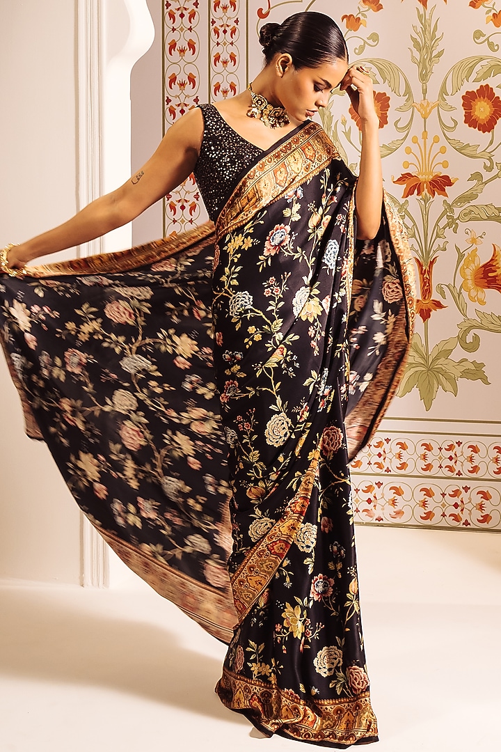 Black Pure Satin Silk Digital Chintz Printed Party Wear Saree by Studio 113 at Pernia's Pop Up Shop