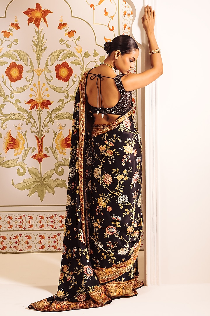 Black Pure Satin Silk Digital Chintz Printed Party Wear Saree by Studio 113 at Pernia's Pop Up Shop