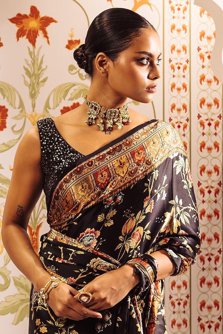 Black Pure Satin Silk Digital Chintz Printed Party Wear Saree by Studio 113 at Pernia's Pop Up Shop