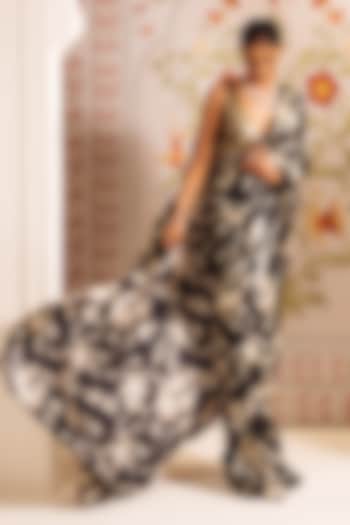 Black Pure Satin Silk Abstract Floral Printed Party Wear Saree by Studio 113 at Pernia's Pop Up Shop
