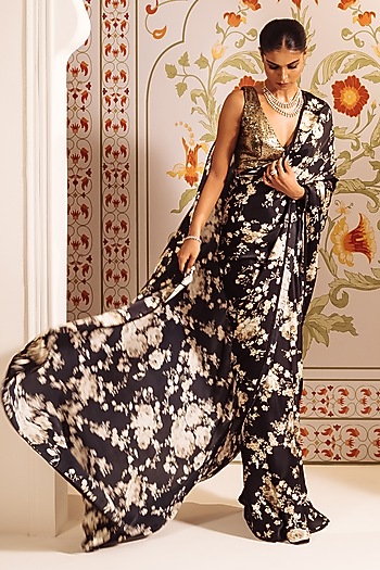 Black Pure Satin Silk Abstract Floral Printed Party Wear Saree by Studio 113 at Pernia's Pop Up Shop