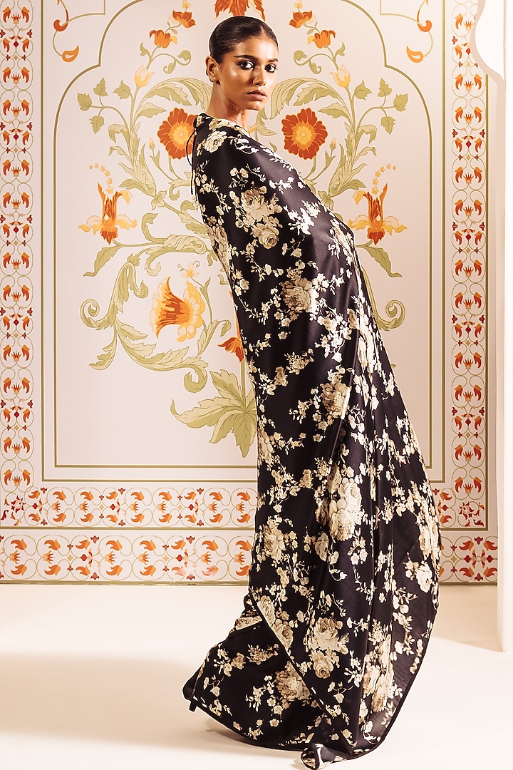 Black Pure Satin Silk Abstract Floral Printed Party Wear Saree by Studio 113 at Pernia's Pop Up Shop