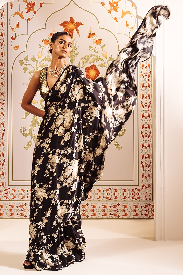 Black Pure Satin Silk Abstract Floral Printed Party Wear Saree by Studio 113 at Pernia's Pop Up Shop