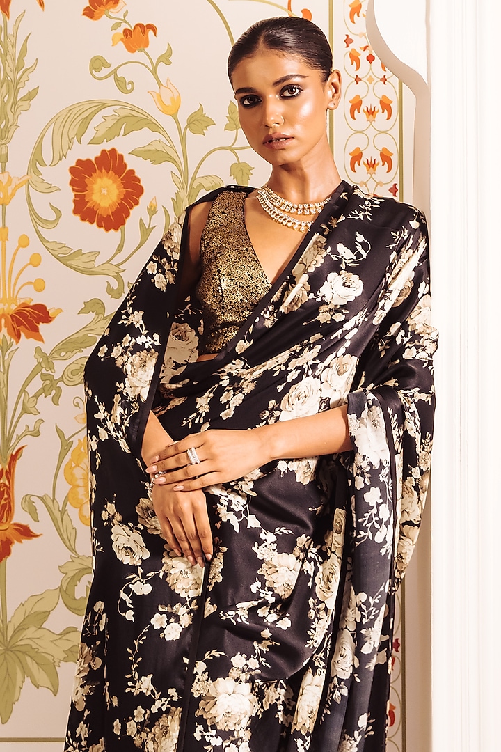 Black Pure Satin Silk Abstract Floral Printed Party Wear Saree by Studio 113 at Pernia's Pop Up Shop