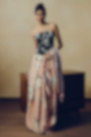 Black Pure Satin Silk Abstract Floral Printed Corset by Studio 113 at Pernia's Pop Up Shop