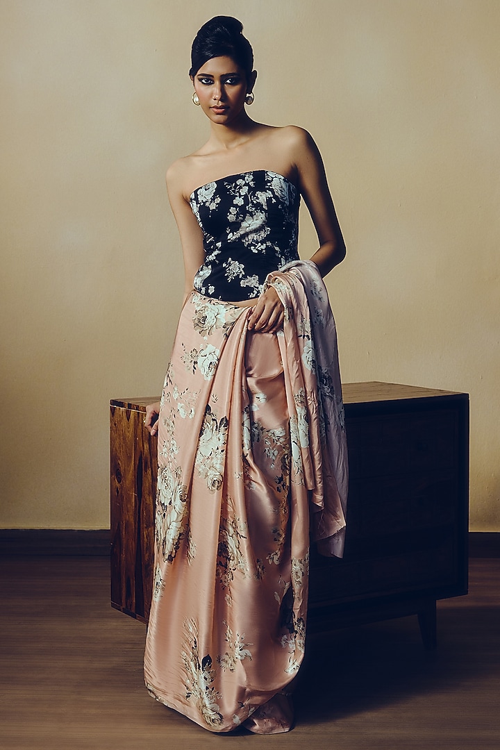 Black Pure Satin Silk Abstract Floral Printed Corset by Studio 113 at Pernia's Pop Up Shop