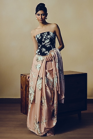 Black Pure Satin Silk Abstract Floral Printed Corset by Studio 113