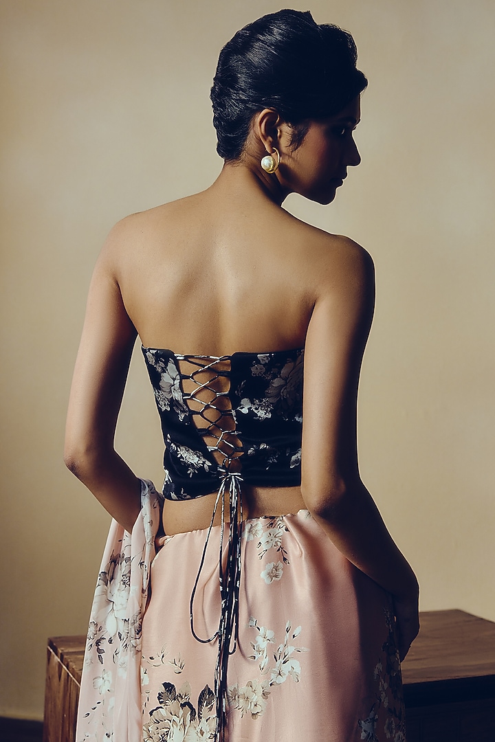 Black Pure Satin Silk Abstract Floral Printed Corset by Studio 113 at Pernia's Pop Up Shop