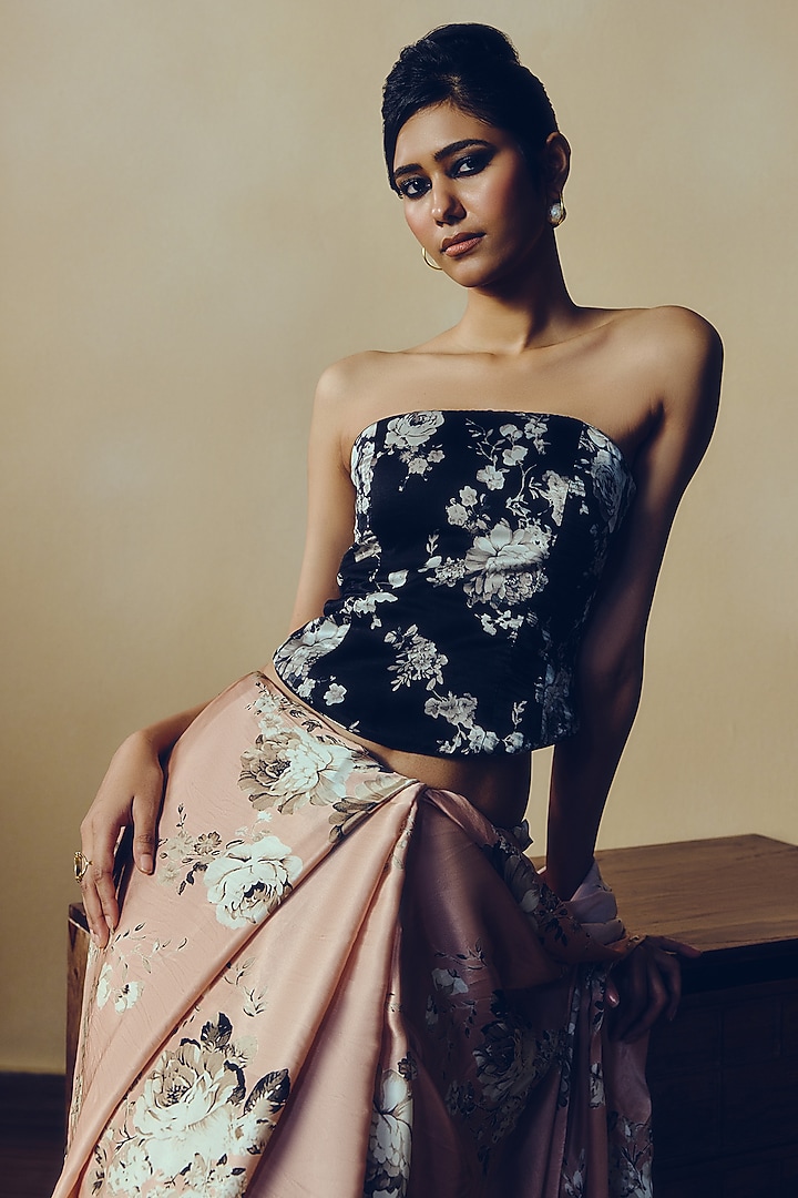 Black Pure Satin Silk Abstract Floral Printed Corset by Studio 113 at Pernia's Pop Up Shop