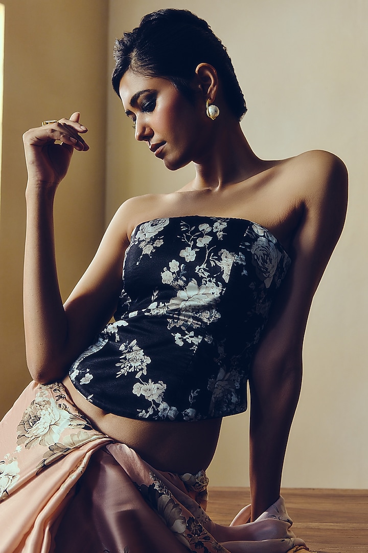 Black Pure Satin Silk Abstract Floral Printed Corset by Studio 113 at Pernia's Pop Up Shop
