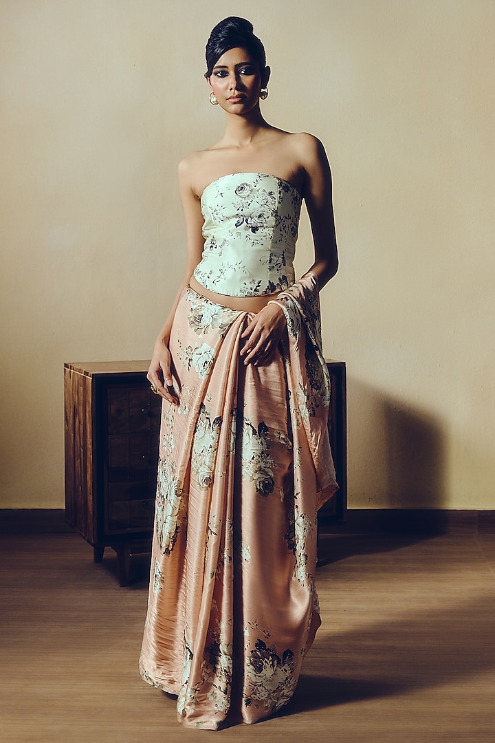 White Pure Satin Silk Abstract Floral Printed Corset by Studio 113 at Pernia's Pop Up Shop