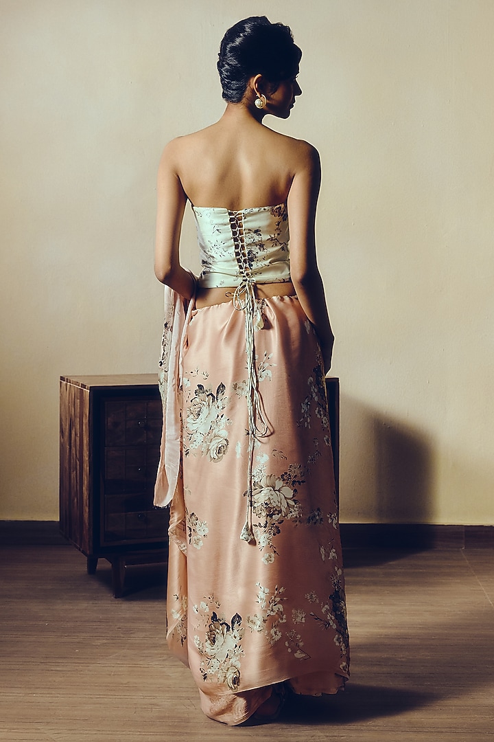 White Pure Satin Silk Abstract Floral Printed Corset by Studio 113 at Pernia's Pop Up Shop