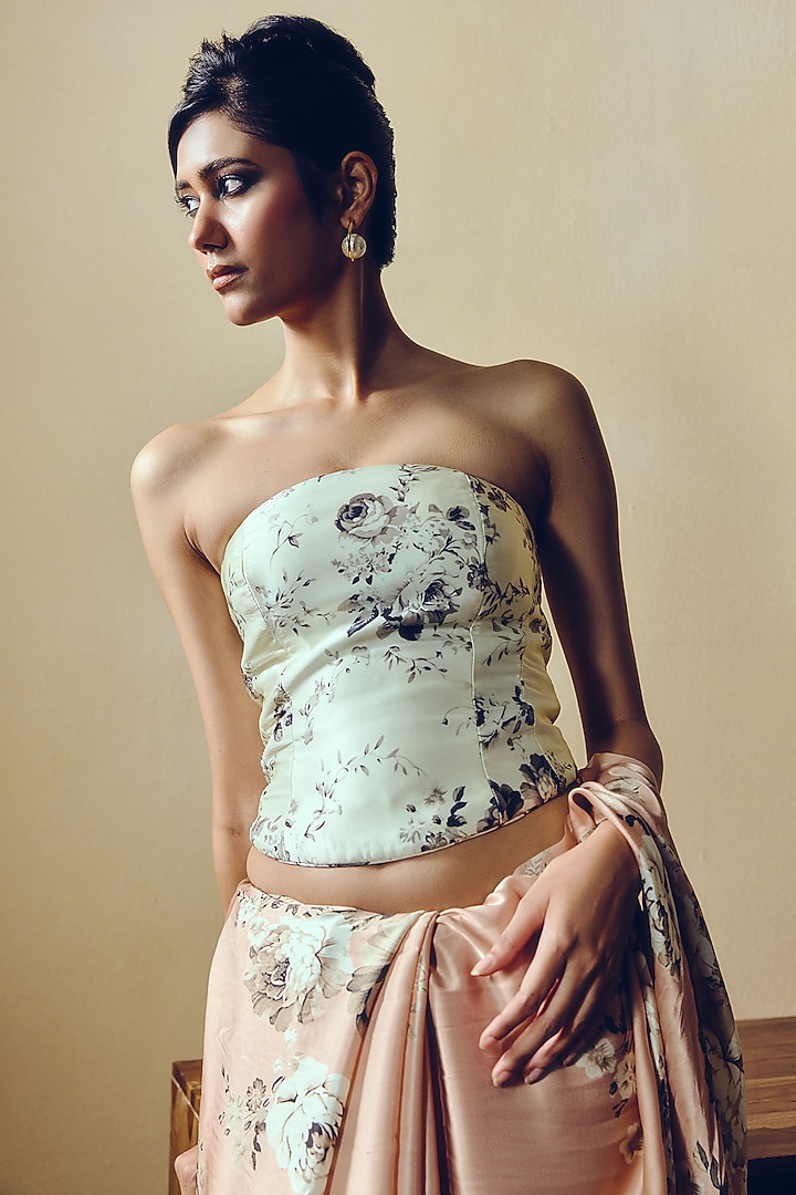 White Pure Satin Silk Abstract Floral Printed Corset by Studio 113 at Pernia's Pop Up Shop