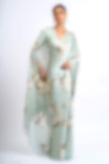 Pearl Blue Pure Satin Silk Abstract Floral Printed Party Wear Saree by Studio 113 at Pernia's Pop Up Shop