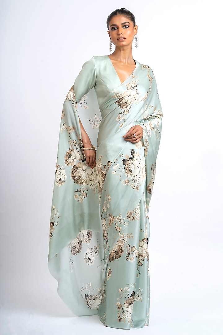 Pearl Blue Pure Satin Silk Abstract Floral Printed Party Wear Saree by Studio 113 at Pernia's Pop Up Shop